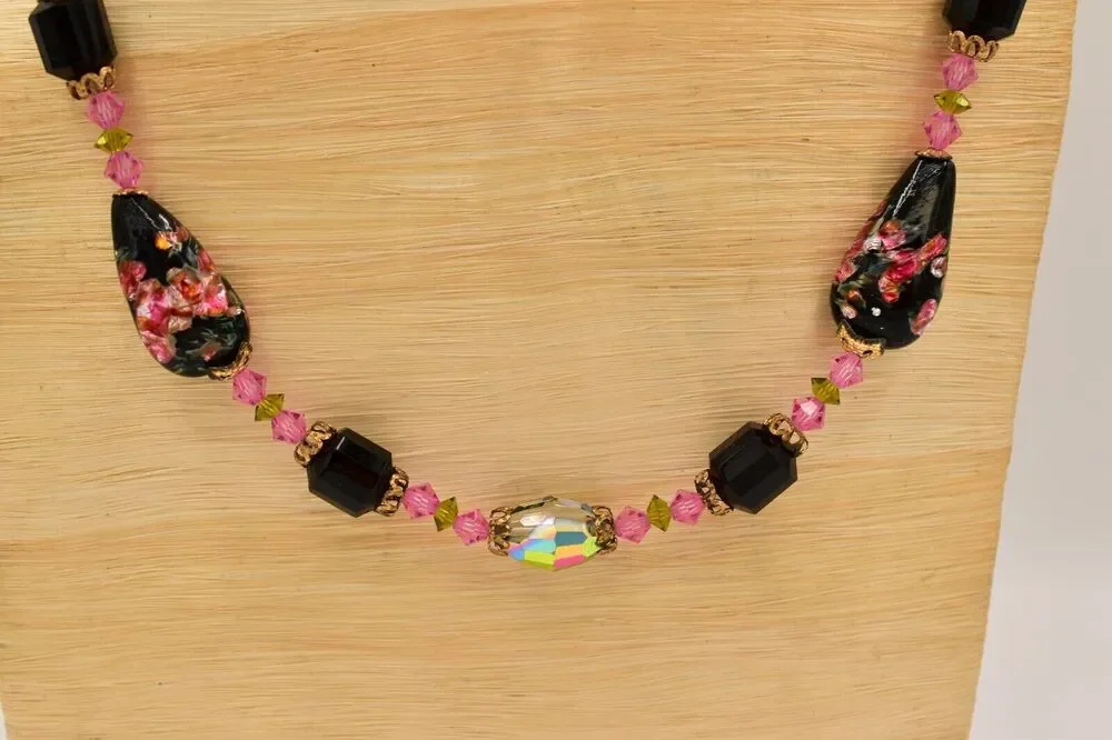Vintage Watermelon Crystal Beaded Necklace Dichroic Black Glass Pink 60s BinA17